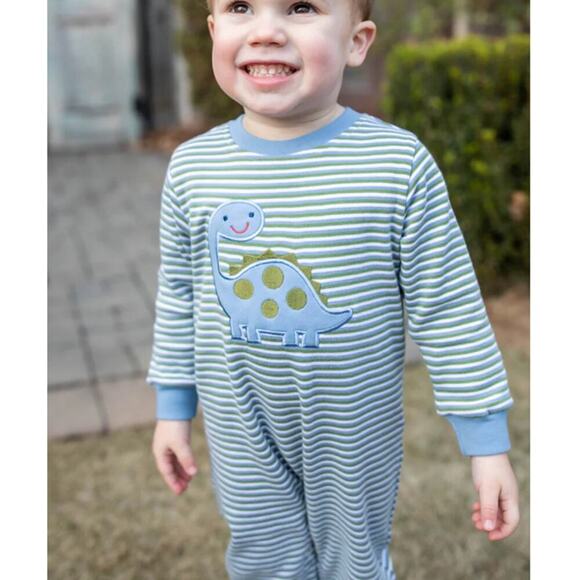 Grace & James Kids Blue Brooks Dinosaur Striped Romper Size 6M - Picture 2 of 7